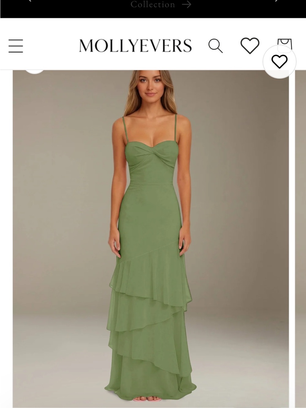 Olive Green Spaghetti-Strap Ruffle Gown